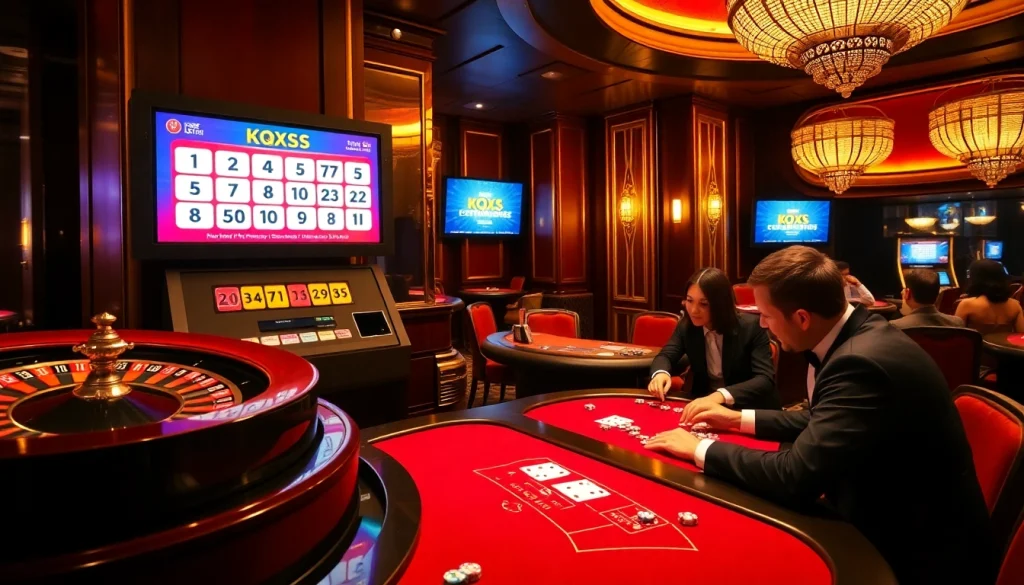 KQXS lottery results displayed at a luxury casino table with poker chips and dice.