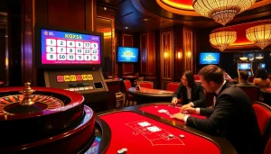 KQXS lottery results displayed at a luxury casino table with poker chips and dice.