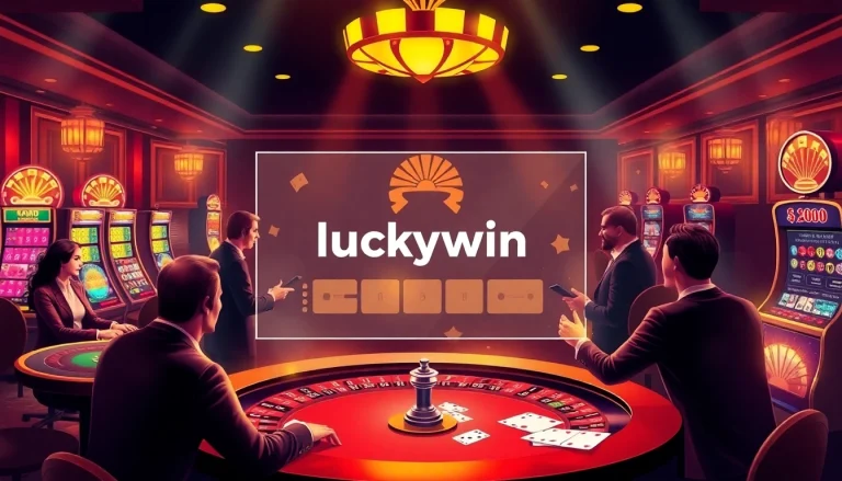Players winning at https://luckywin.fan/ with vibrant casino elements including poker chips and roulette.