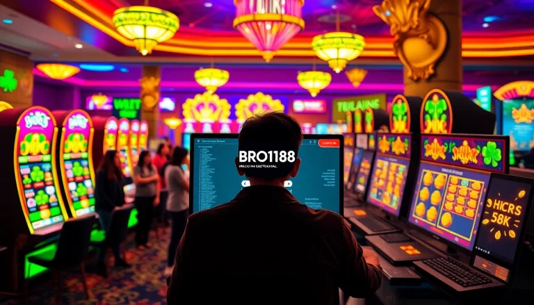 Players engaging in thrilling BRO138 login at a vibrant slot machine area, enhancing their gaming experience.