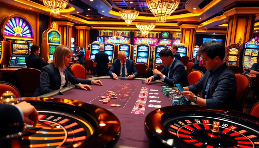 Players enjoying a thrilling game at 78WIN's professional poker table amidst vibrant casino lights.
