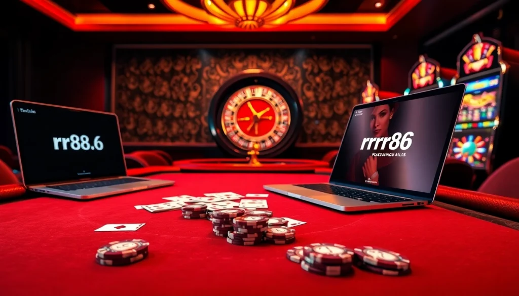 Exciting casino ambiance at rr88.pizza with vibrant roulette wheel, blackjack table, and colorful slot machines.