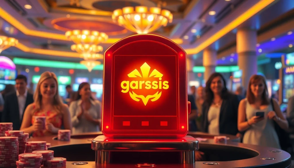 Permainan garasislot yang menarik di kasino dengan pemain bersemangat di latar belakang.