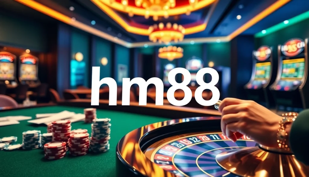 Experience exciting gameplay at HM88 with a vibrant casino scene featuring poker chips and a roulette wheel.