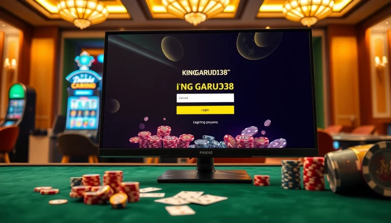 Experience seamless gameplay at king garuda138 with vibrant casino elements like slot machines and poker chips.