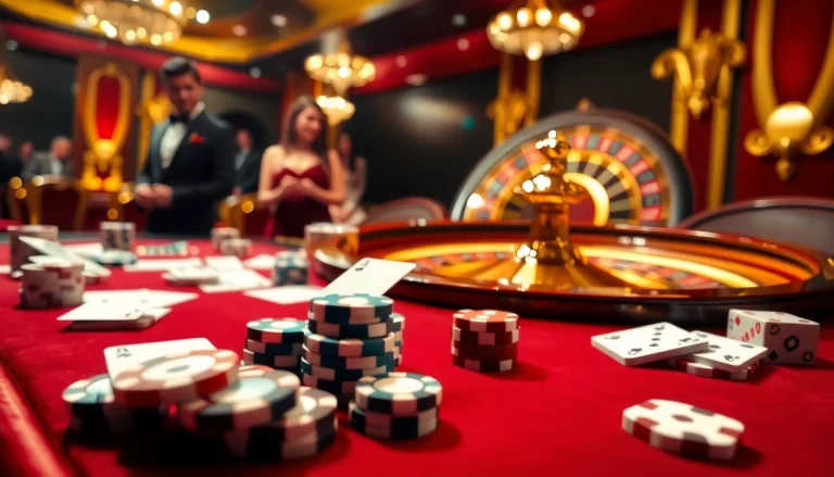Engaging scene at nhà cái sky88 showcasing vibrant casino gaming with poker chips and roulette wheel.