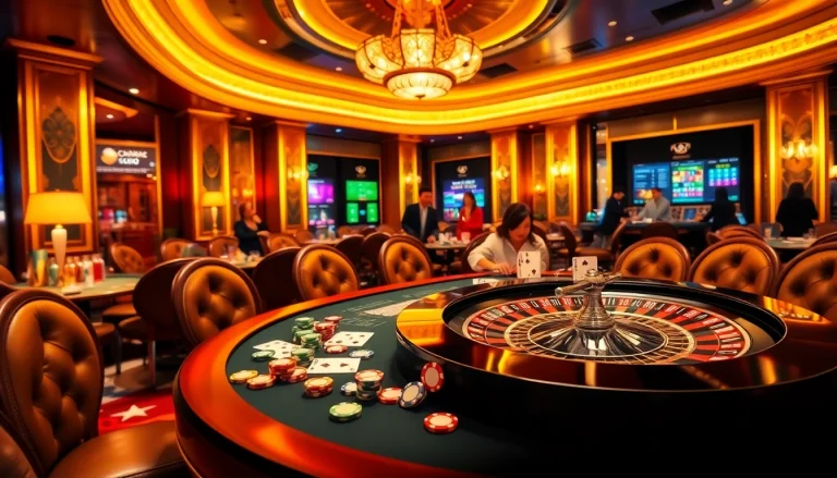 SODO casino scene with gamblers around an elegant table featuring poker chips and a roulette wheel.
