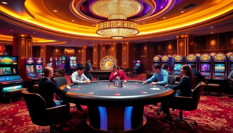 B52 gaming table surrounded by engaged players in a luxurious casino atmosphere.