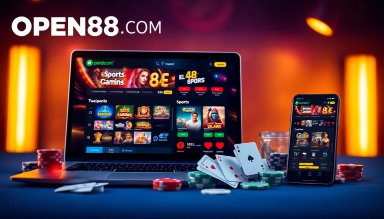 Explore the thrilling online gaming experience at OPEN88 COM with modern devices and vibrant casino elements.