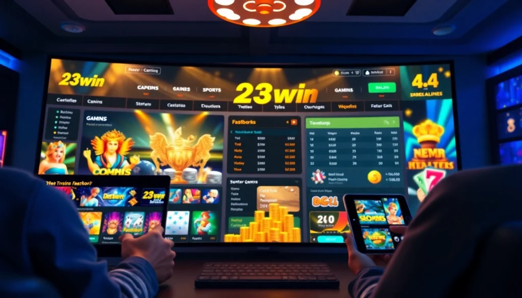 Interactive 23win gaming platform showcasing vibrant casino and sports betting options.