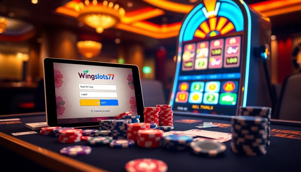 Engage with the Wingslots77 Login on a sleek device surrounded by vibrant casino elements like poker chips and slot machines.