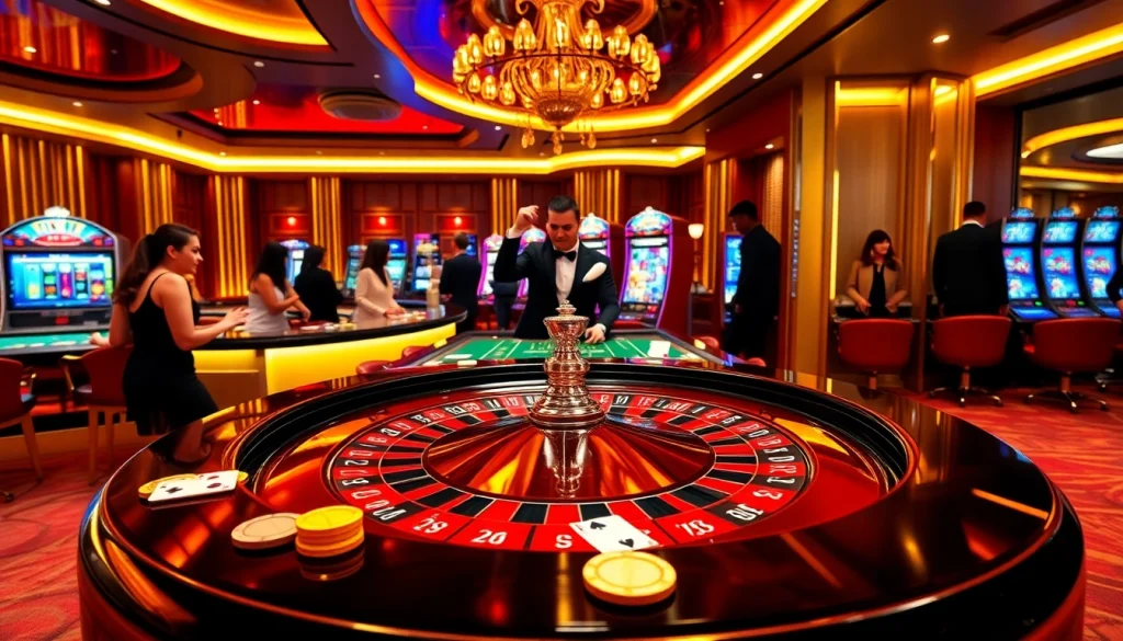 View the excitement of winning at https://rr88k1.com/ in a luxurious casino setting, showcasing roulette and slot machines.