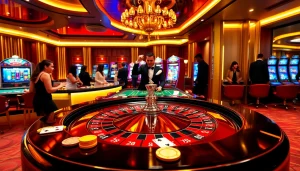 View the excitement of winning at https://rr88k1.com/ in a luxurious casino setting, showcasing roulette and slot machines.