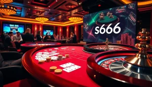 S666 casino ambiance featuring baccarat, poker chips, and roulette table encapsulating excitement.