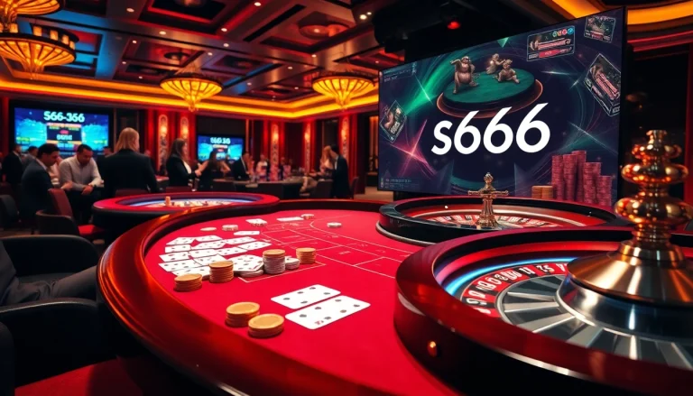 S666 casino ambiance featuring baccarat, poker chips, and roulette table encapsulating excitement.