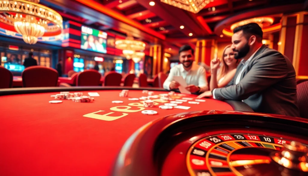 EE88 poker players celebrating wins at a vibrant gaming table in a luxurious casino setting.