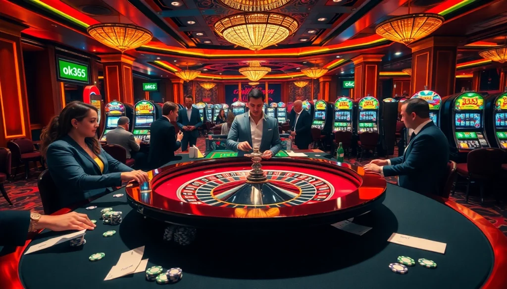 Players engaging at a roulette table in a luxurious casino setting featuring ok365 branding.