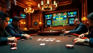 Excited players engaging in a poker game at a casino table inspired by 98win3h.io, showcasing vibrant chips and cards.