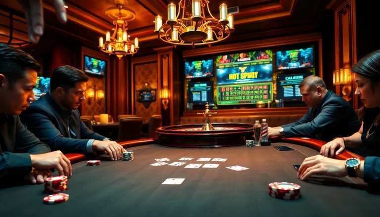 Excited players engaging in a poker game at a casino table inspired by 98win3h.io, showcasing vibrant chips and cards.