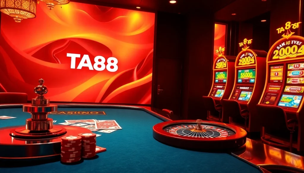 Engaging casino atmosphere with TA88 elements featuring poker, roulette, and vibrant slot machines.