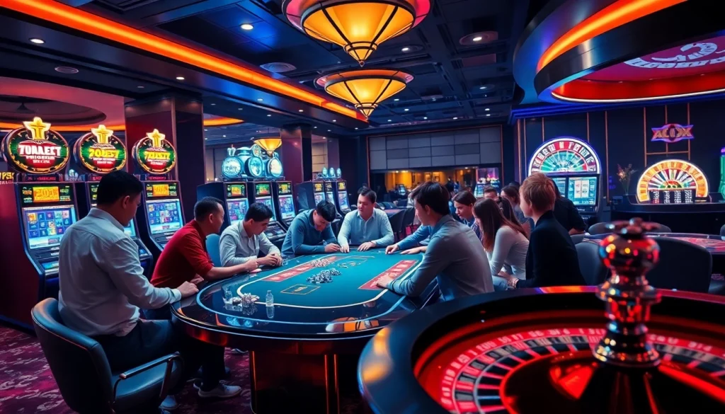 Players enjoying the thrilling games at 789win club amidst a vibrant casino atmosphere.