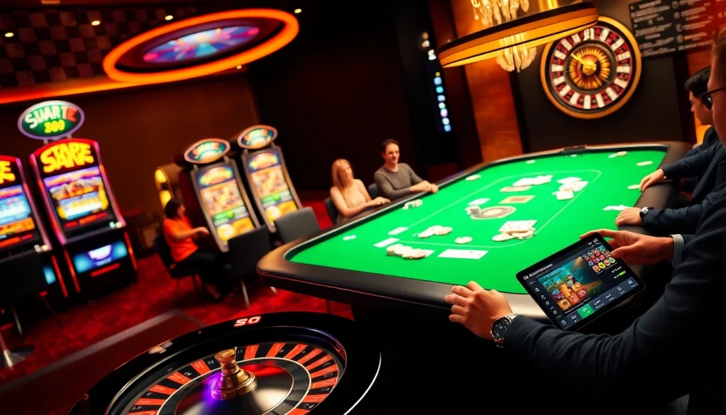 SODO casino players enjoy vibrant games at a modern gambling table with chips and cards.