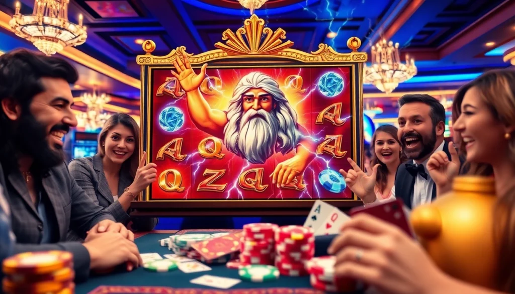Pemain menikmati mesin slot Zeus di lingkungan kasino mewah, dipenuhi dengan semangat dan antisipasi.