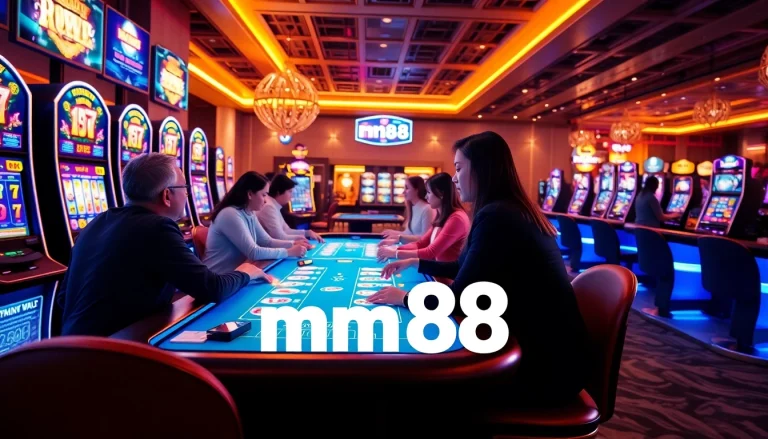 Online casino gaming scene featuring vibrant slot machines and players at mm88.