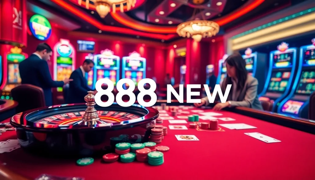 Experience excitement at 888 NEW's vibrant casino filled with chips, cards, and thrilling slots.