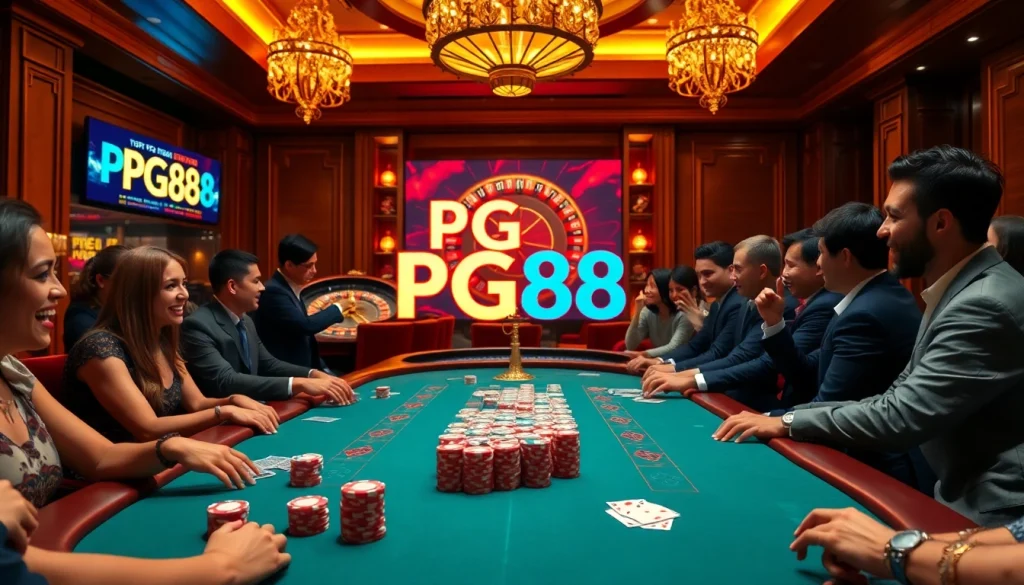 Experience thrilling gameplay at PG88 casino’s vibrant poker table with excited players engaged.