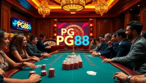 Experience thrilling gameplay at PG88 casino’s vibrant poker table with excited players engaged.