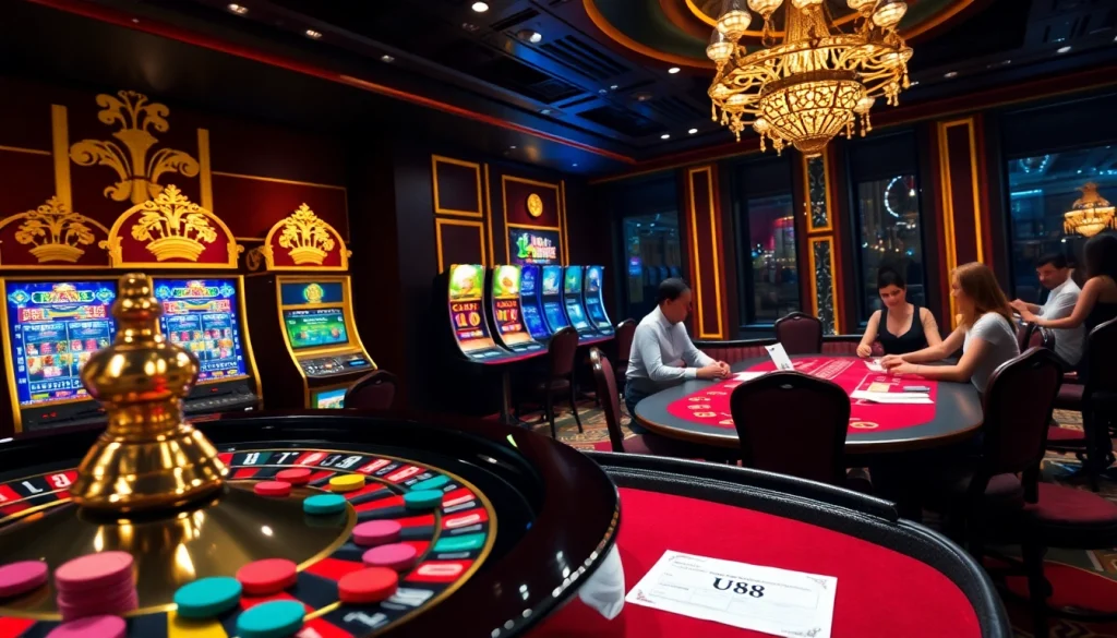 Experience the thrill of gambling at U88 with a vibrant casino atmosphere full of poker tables and roulette action.