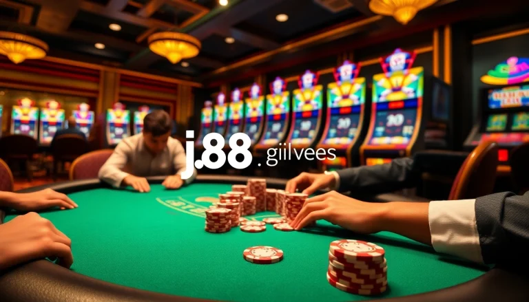Experience the excitement of online gambling at https://j88.gives/ with a stunning casino setting filled with poker and slot machines.