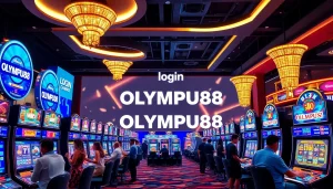 Gamblers login OLYMPUS88 to vibrant slot machines, showcasing excitement and winning potential.
