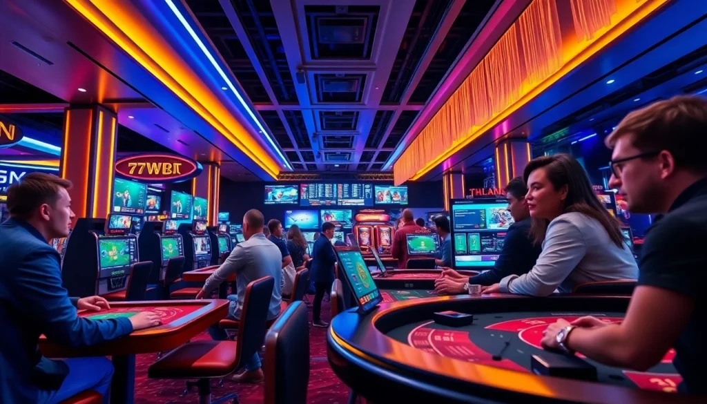 Exciting gaming scene at 77win online casino with players engaging in sports betting.