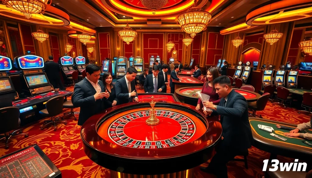 Players enjoying a vibrant casino experience at 13win with roulette and slot machines.