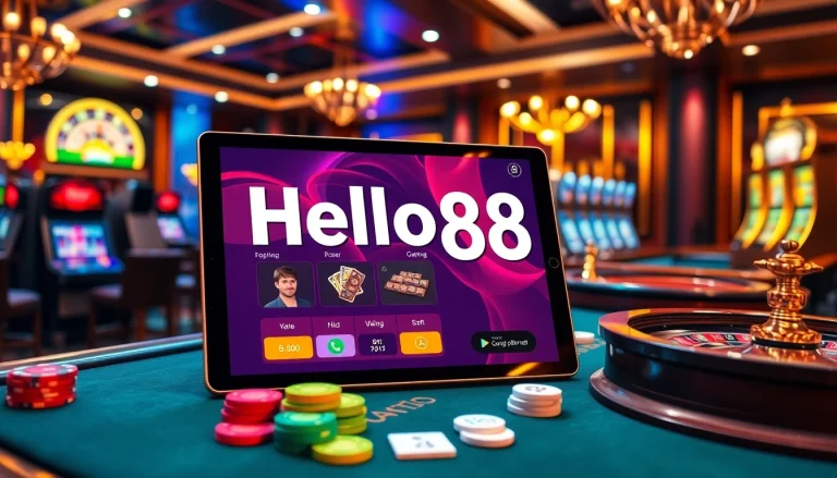 Hello88 online gambling interface with vibrant casino elements and poker tables.