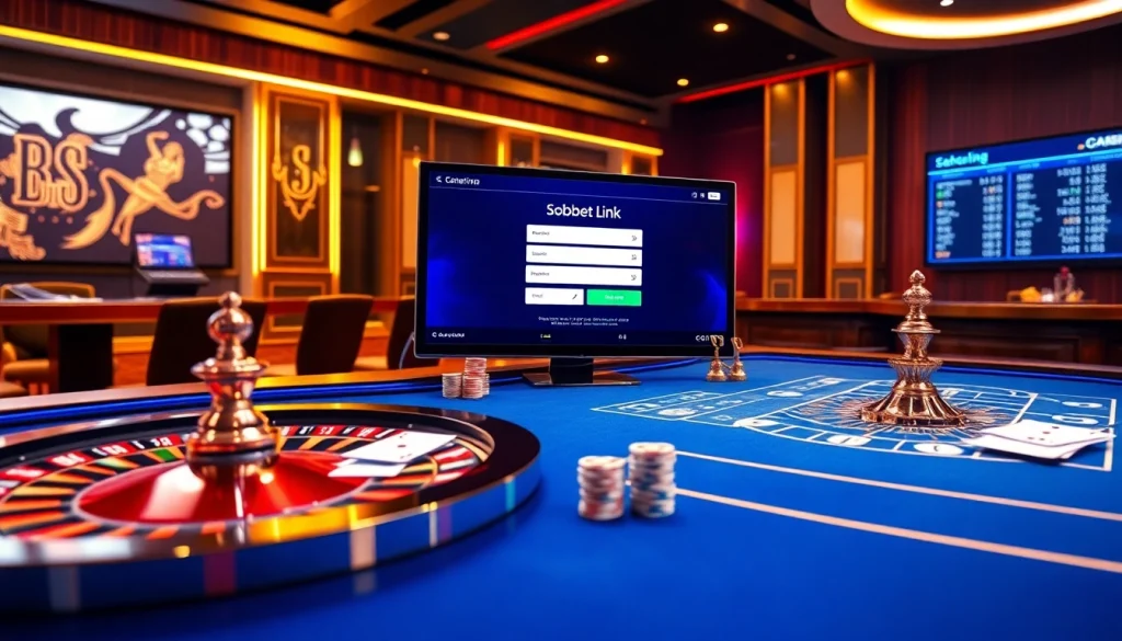 A gambler accessing the sbobet link login on a vibrant online casino interface filled with excitement.