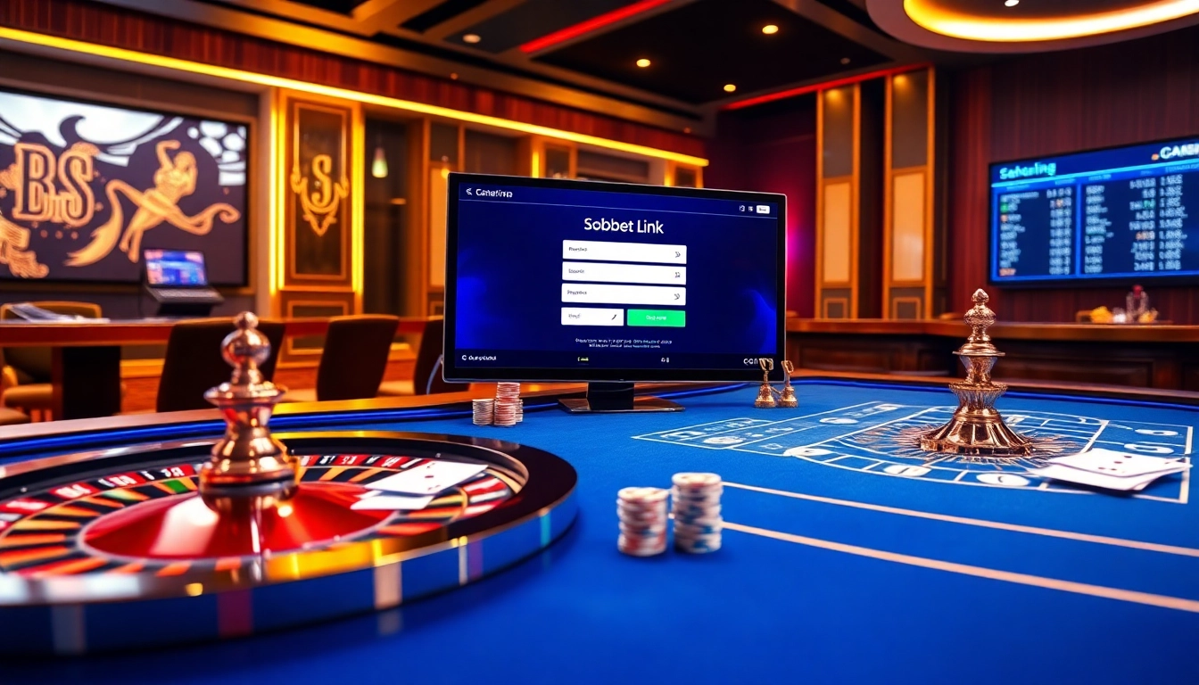 A gambler accessing the sbobet link login on a vibrant online casino interface filled with excitement.