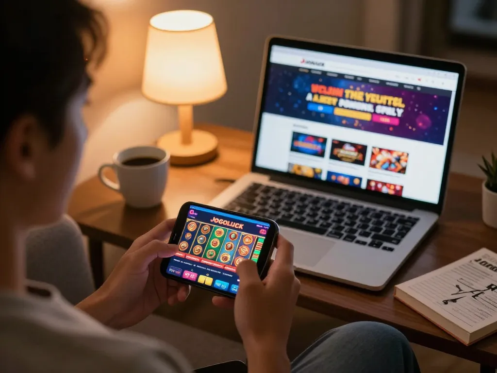 Player enjoying Jogoluck mobile gaming on smartphone while relaxing, showcasing modern casino experience