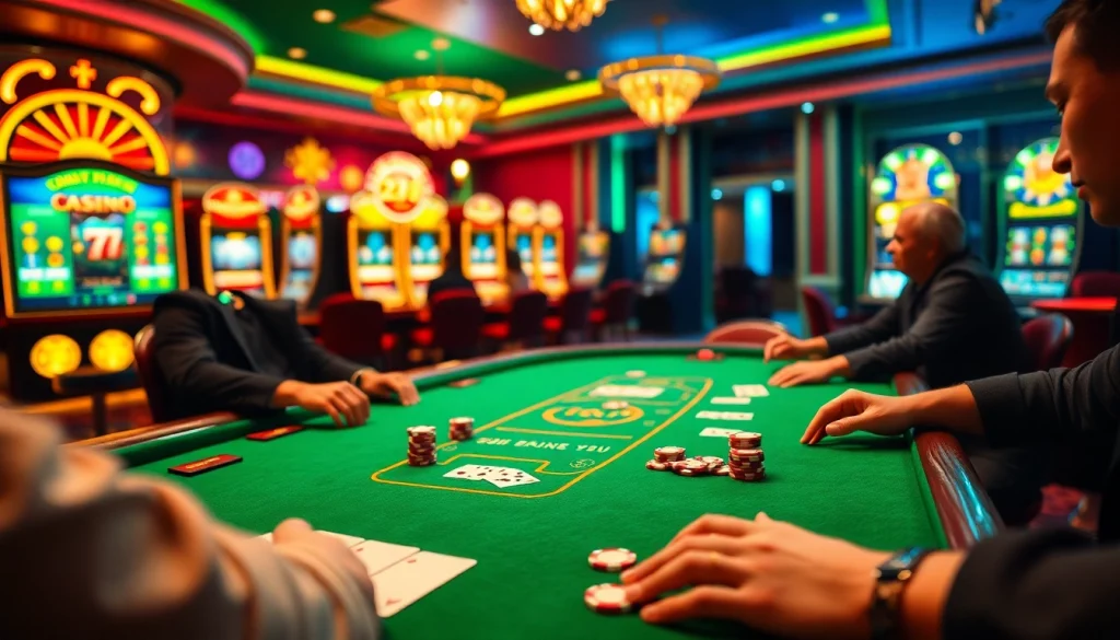 A thrilling moment at a sx88 casino poker table with vibrant chips and glowing slot machines.