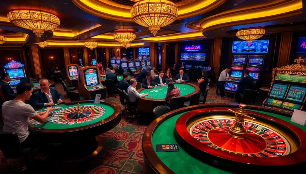 RAJAGACOR slot machines and gaming tables create an exciting casino atmosphere.