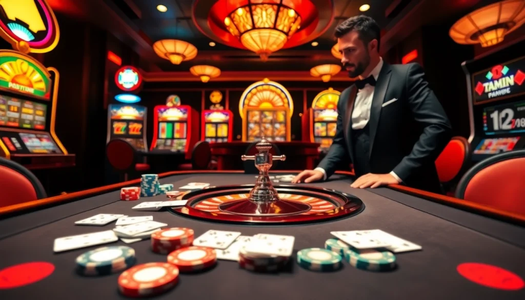 Play exciting casino games at 23win, featuring poker chips and illuminated slot machines.