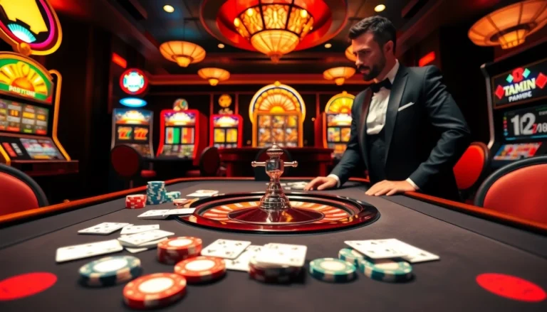 Play exciting casino games at 23win, featuring poker chips and illuminated slot machines.