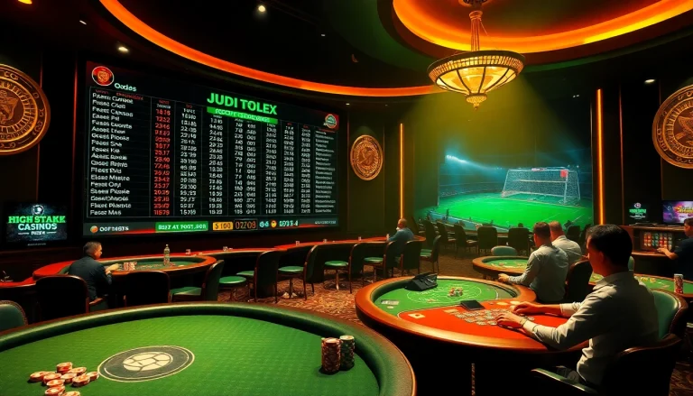 Experience Judi Bola Piala Dunia in an exciting casino environment with vibrant betting displays and poker chips.