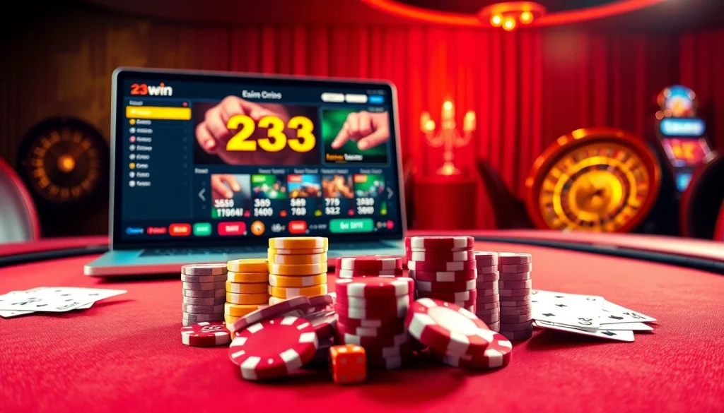 Experience thrilling action with 23win's immersive online casino scene featuring poker chips and roulette wheel.