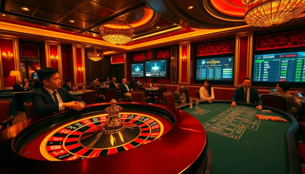 Experience the excitement at https://kkwin.diy/ with players at a vibrant casino table, surrounded by luxury and thrilling gameplay.