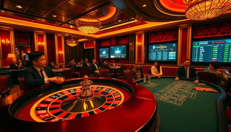 Experience the excitement at https://kkwin.diy/ with players at a vibrant casino table, surrounded by luxury and thrilling gameplay.