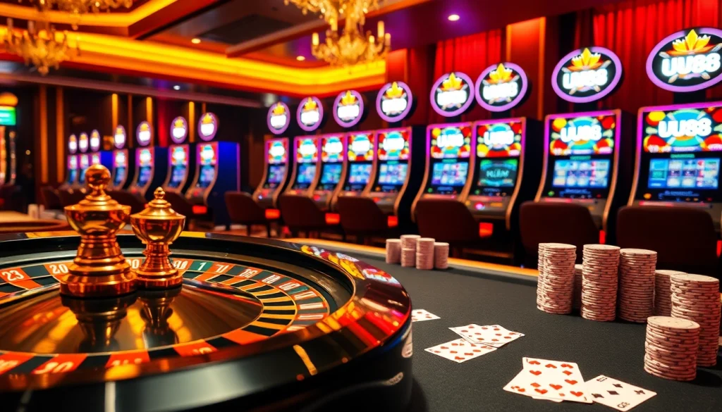 Experience thrilling gameplay at UU88 with vibrant casino visuals featuring poker and roulette elements.