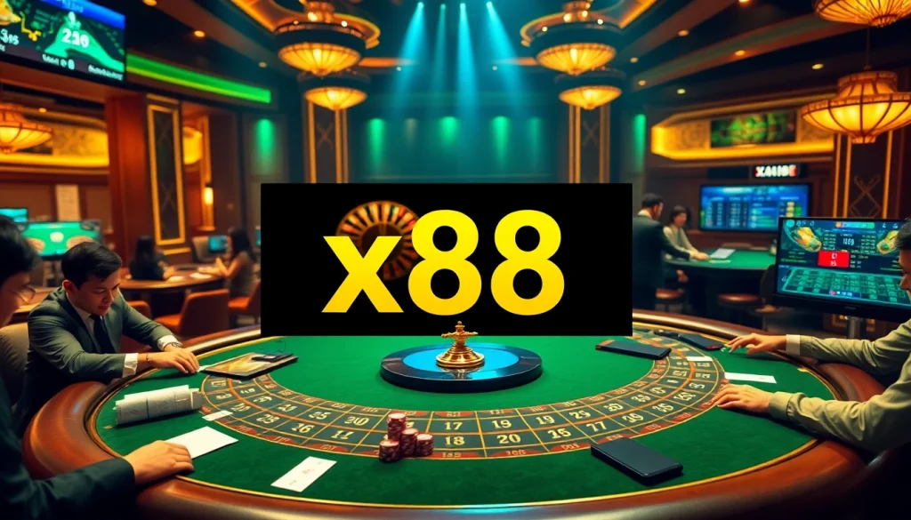 x88 casino players engaged in poker at a luxurious table with roulette and vibrant chips.